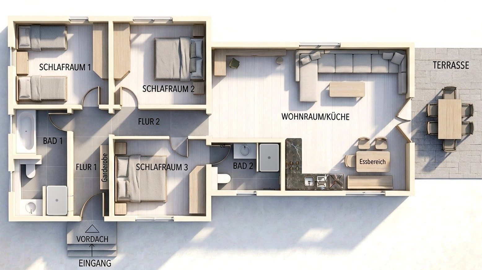 Floor plan: three bedrooms, two bathrooms, living room with kitchen, terrace