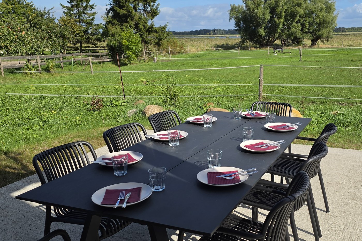 Terrasse mit langem Esstisch, dahinter die Wiese